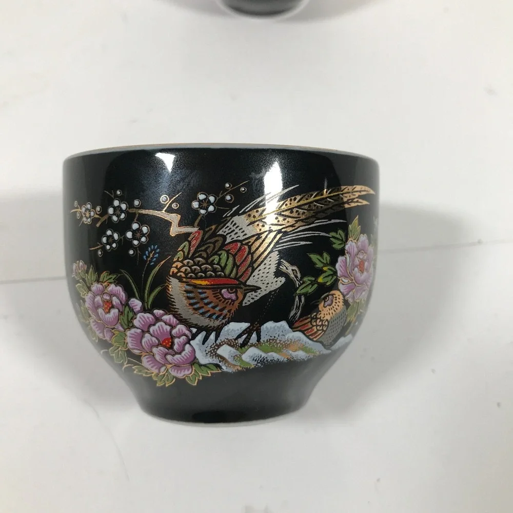 Vintage Japanese Black Ceramic Pheasant Tea Cup Set Floral Gold Trim 2pc
